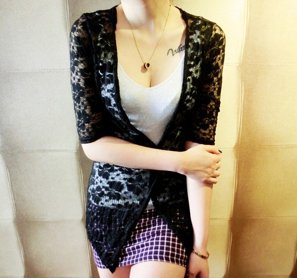 2015夏新款蕾丝长袖中长款开衫镂空防晒衫长外套空调衫