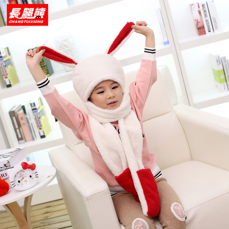 韩版宝宝帽子围巾手套三件套装 冬季男童女童兔耳朵帽子围脖加绒