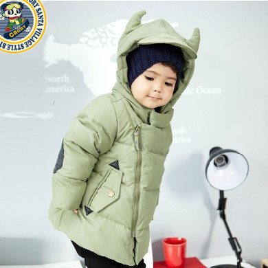 韩国儿童装韩版2015冬季新款男童牛角帽宝宝小童中长款羽绒服外套
