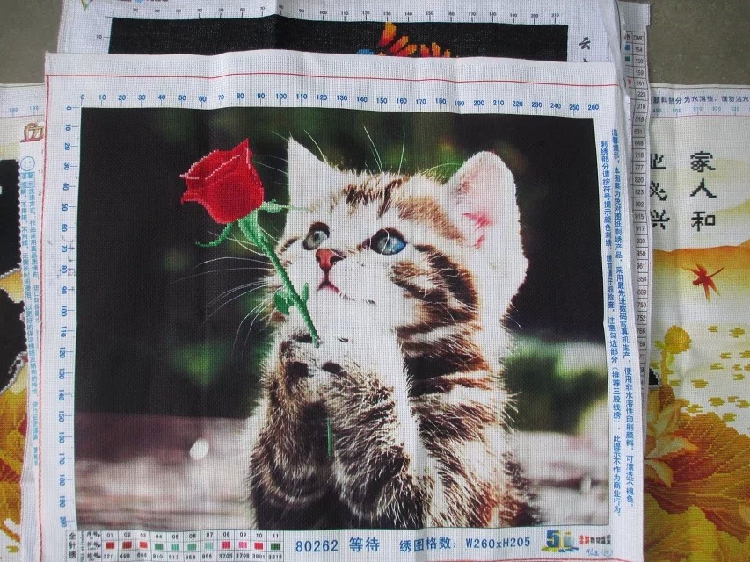 小猫咪3D纯手工十字绣成品丝线最新款5D等待爱情玫瑰动物客厅