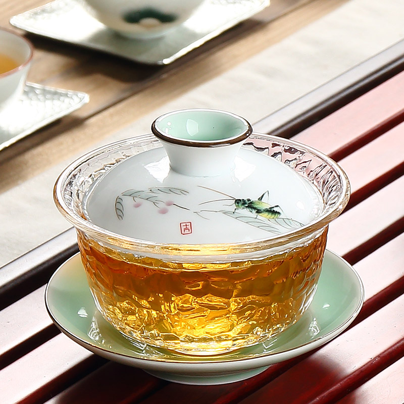 陶瓷功夫茶具青瓷手绘耐热加厚玻璃盖碗三才碗敬茶碗茶杯特价包邮