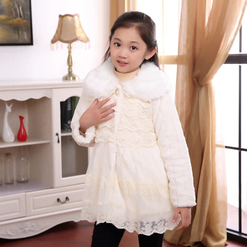 童装2015冬季新款棉衣女童中长款蕾丝拼接外套韩版中大童仿真皮草