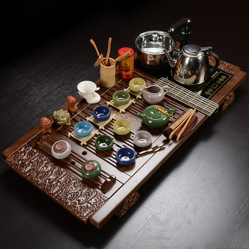茶具 紫砂陶功夫瓷冰裂茶具 茶具套装特价 实木茶盘茶海电磁炉