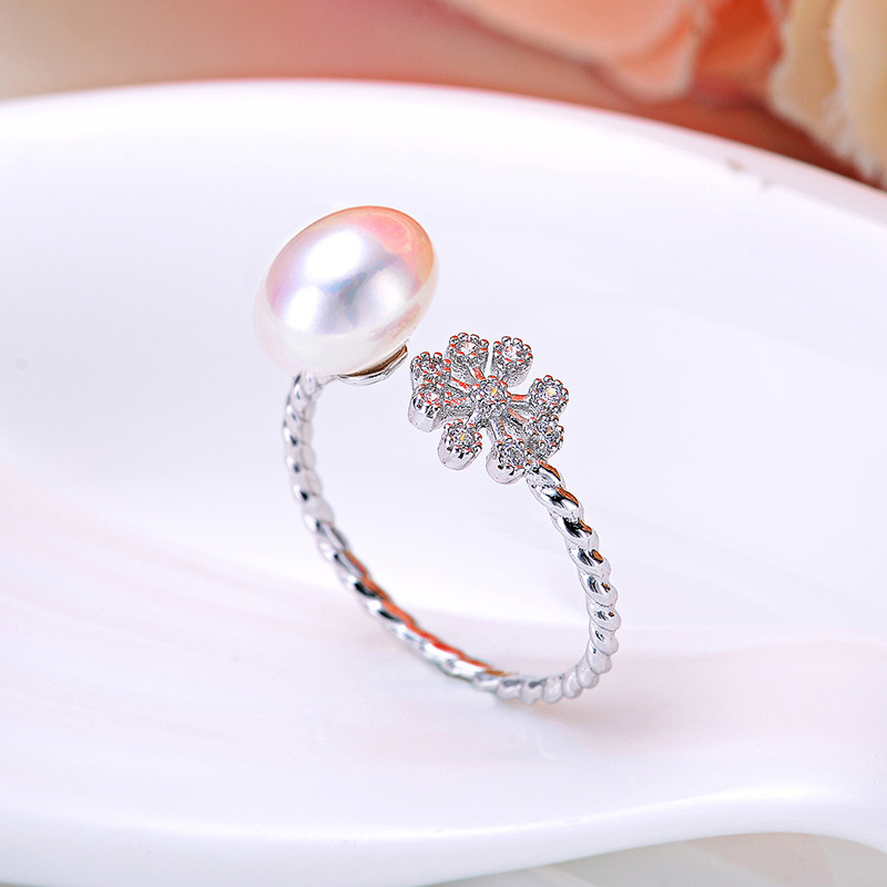 925纯银手饰简约日韩时尚珍珠戒指开口女指环冰雪花设计