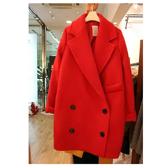 2015秋冬新款韩国东大门韩版大码女装中长款红色毛呢外套呢大衣女