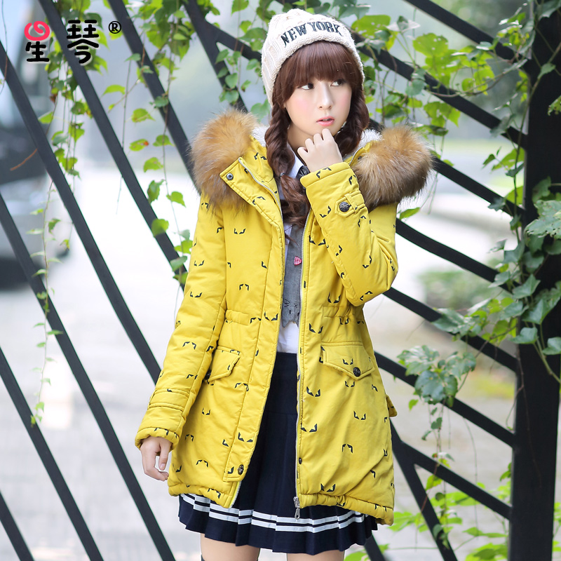 少女冬装2015新款韩版中长款大毛领厚大衣初高中学生修身棉衣外套