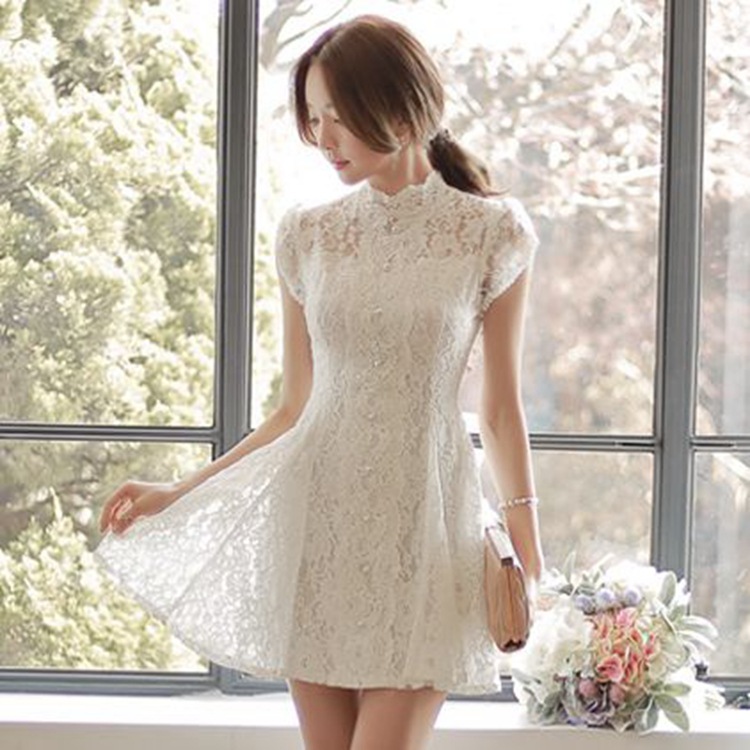 2015韩版女装 夏季新品 气质蕾丝镂空花瓣袖修身中裙连衣裙