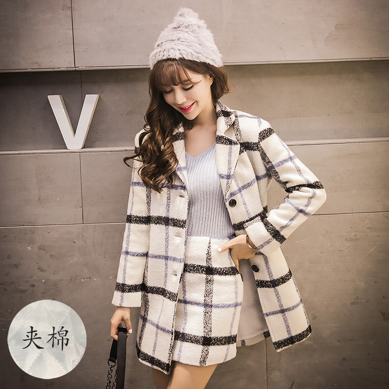 冬装韩版时尚清新格子羊毛修身显瘦夹棉中长款呢大衣毛呢外套女