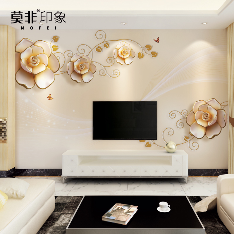 3d立体电视背景墙壁纸简约现代客厅卧室无缝壁画影视墙布浮雕玫瑰