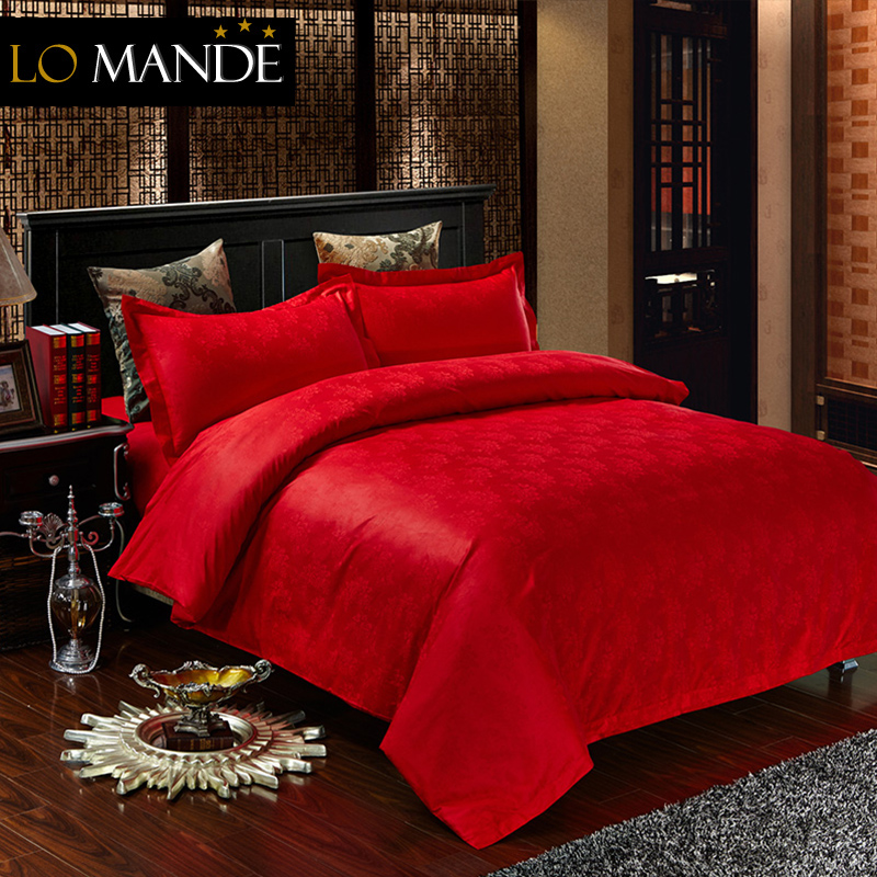 罗曼德宾馆酒店床上用品棉质贡缎提花大红牡丹花被套床单四件套