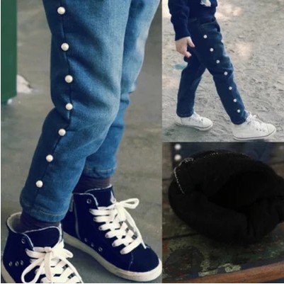 韩国童装女童冬季2014新款韩版儿童对称珍珠修身加绒牛仔裤休闲裤