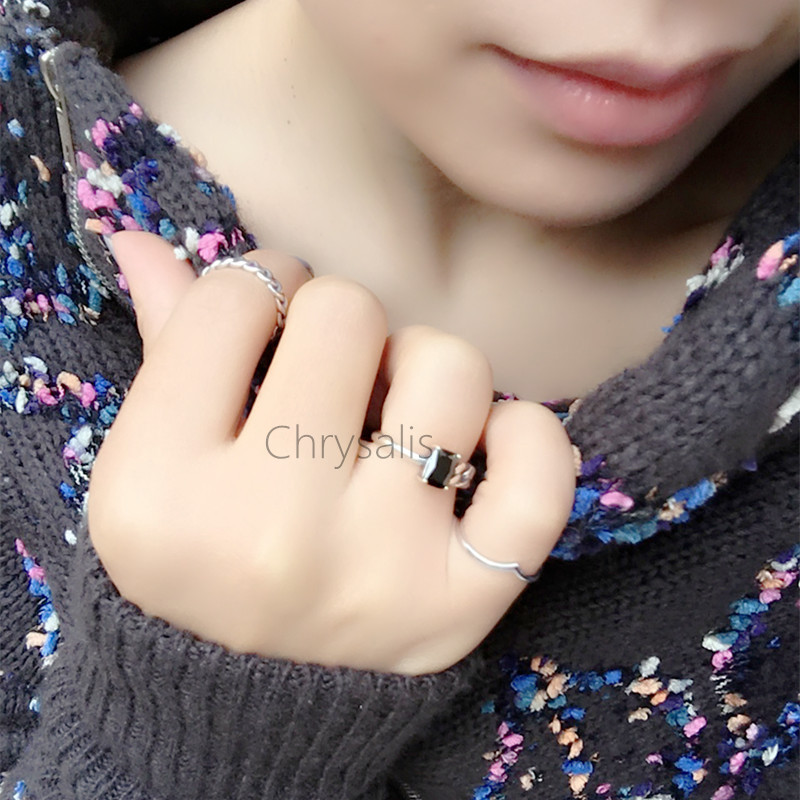 Chrysalis925纯银韩版潮流戒指女黑玛瑙链条不对称复古开口食指戒
