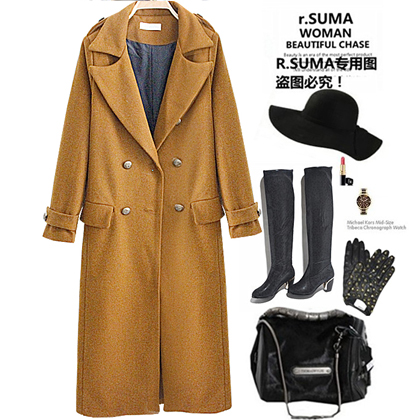 2015秋冬韩版加长毛呢外套双排扣加厚修身超长款显瘦妮子大衣女潮