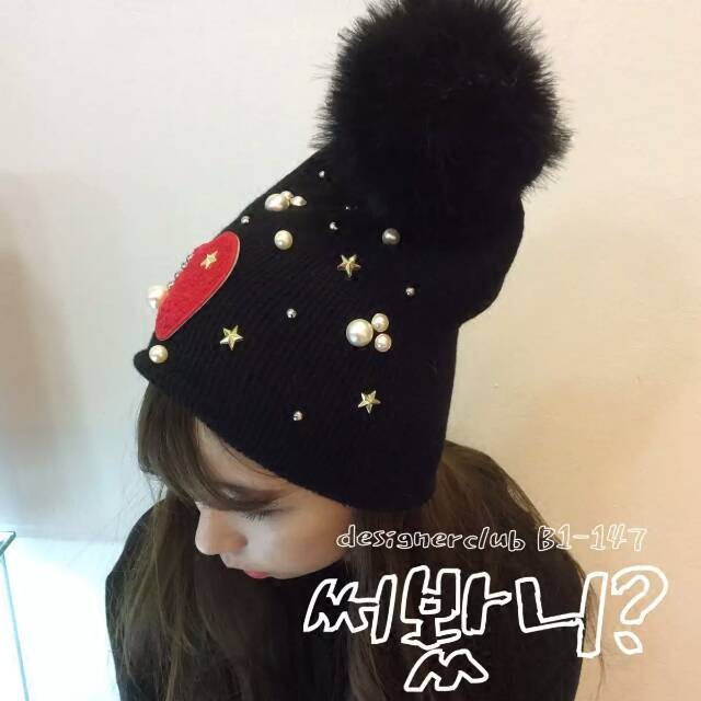 韩国东大门代购正品2015冬新款米奇珍珠星星兔毛球针织毛线帽子女
