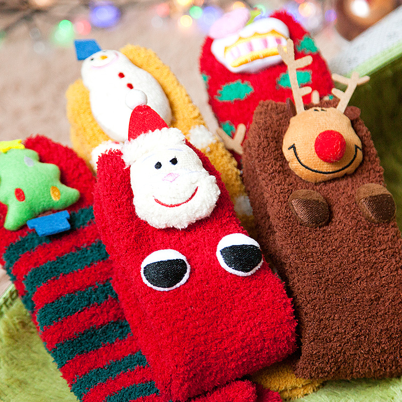 日系家居中筒立体卡通图案圣诞袜加厚保暖珊瑚绒防滑地板袜睡袜子