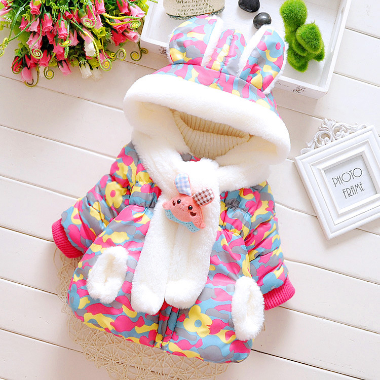 小童冬季棉衣棉服0-1-2-3-4岁女宝宝可爱兔耳朵连帽迷彩棉袄外套