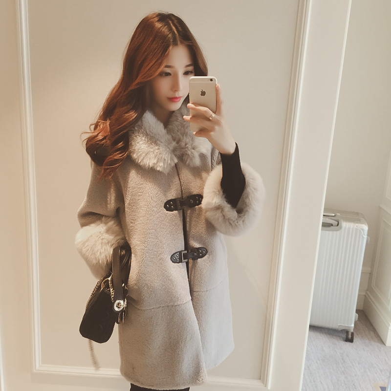 2015冬季新款韩版羊羔毛拼接毛领单排扣修身中长款毛呢外套