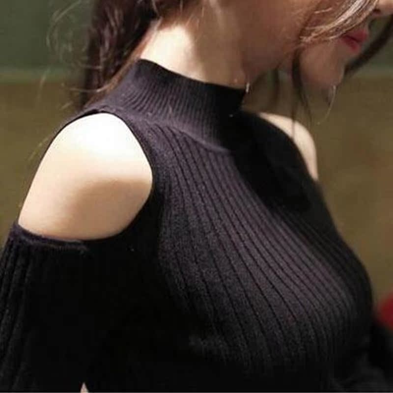冬装新款韩版修身紧身性感露肩针织打底衫包臀连衣裙长袖毛衣短裙