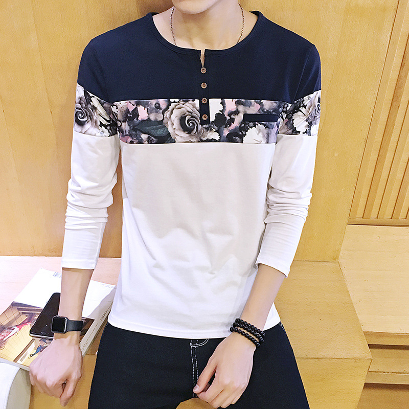 春秋季男士长袖T恤韩版拼色圆领打底衫修身纯棉体恤潮流男装上衣