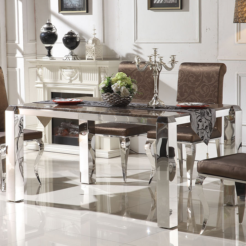 大理石餐桌椅组合长方形宜家小户型餐台现代简约饭桌 不锈钢餐桌