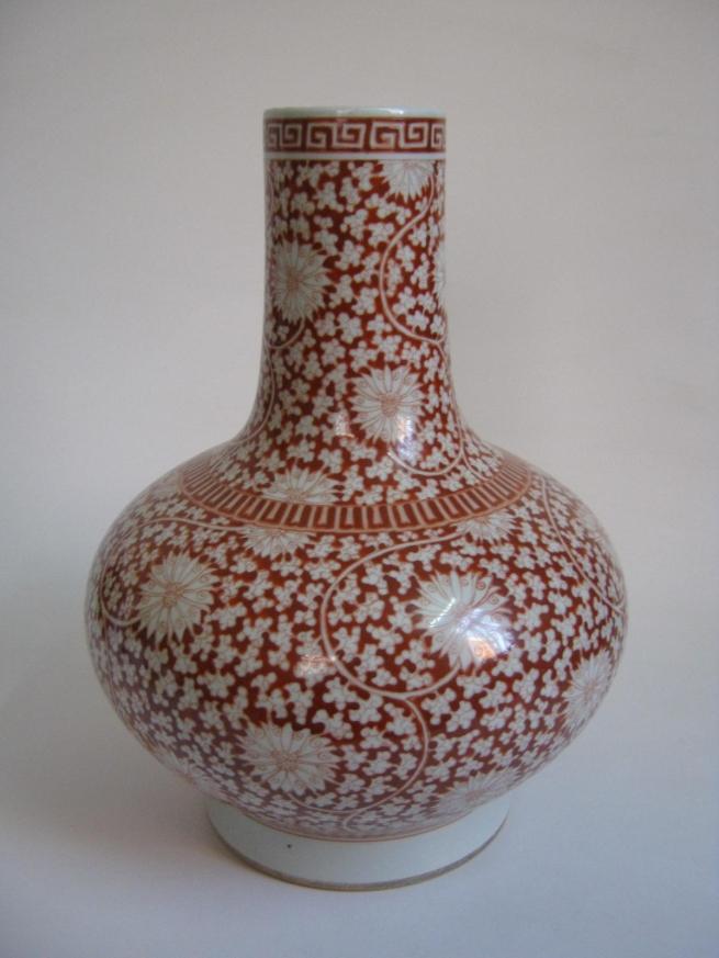 古董古玩小卖铺-明清精品古瓷老瓷器-康熙年款西番莲帆红彩天球瓶