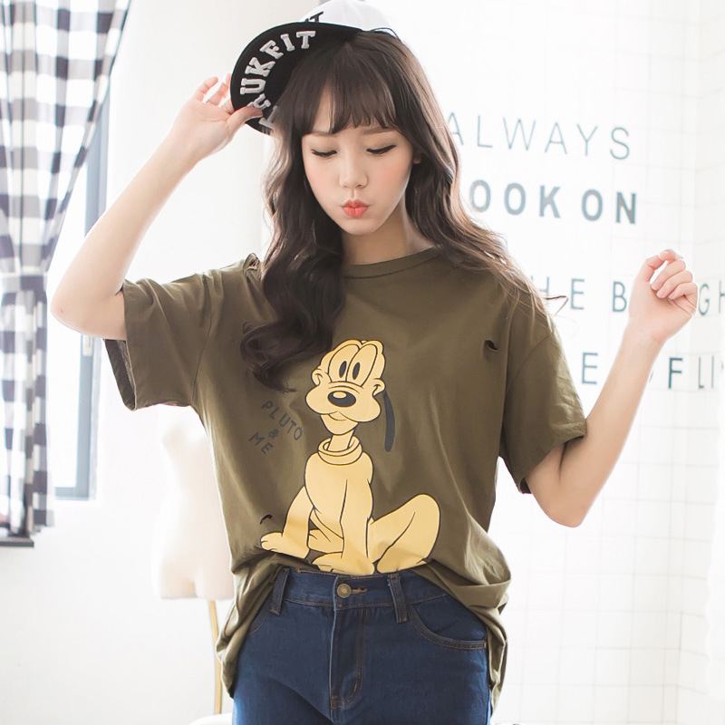 韩国东大门2015夏季新款卡通高飞狗割破时尚宽松休闲女装短袖T恤