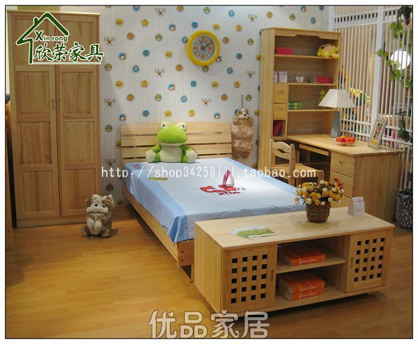 上海实木家具儿童房组合家具田园松木单人床两门衣柜电脑桌三件套