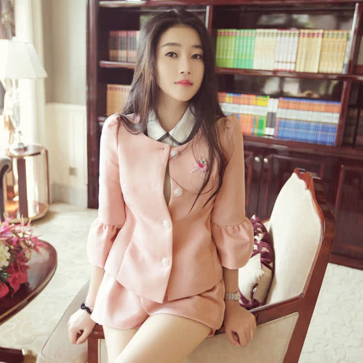 2014秋季新款 韩版修身百搭OL简约时尚收腰泡泡袖甜美淑女短外套