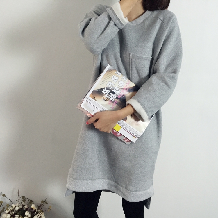 MissYoon2015冬装新品韩版百搭纯色加绒加厚种长款套头卫衣连衣裙