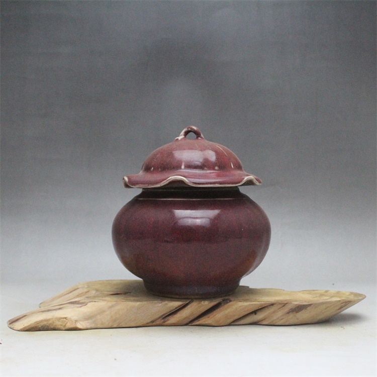 清红釉瓜菱盖罐/荷叶罐 古董古玩  仿古瓷器 复古茶叶罐摆件收藏