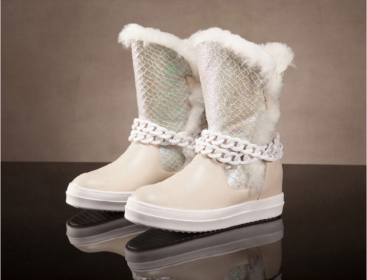 2016冬款隐形内增高6厘米 时尚链子 羊皮毛一体 短靴雪地女靴
