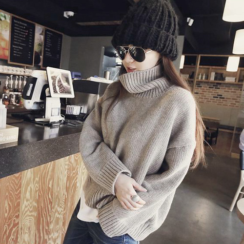 2015冬季韩版新款时尚百搭长袖纯色高领圆领女毛衣加厚保暖针织衫