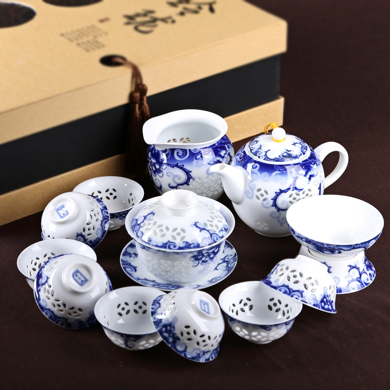 景德镇青花瓷玲珑整套装铁观音红茶杯陶瓷功夫茶具镂空6人办公室