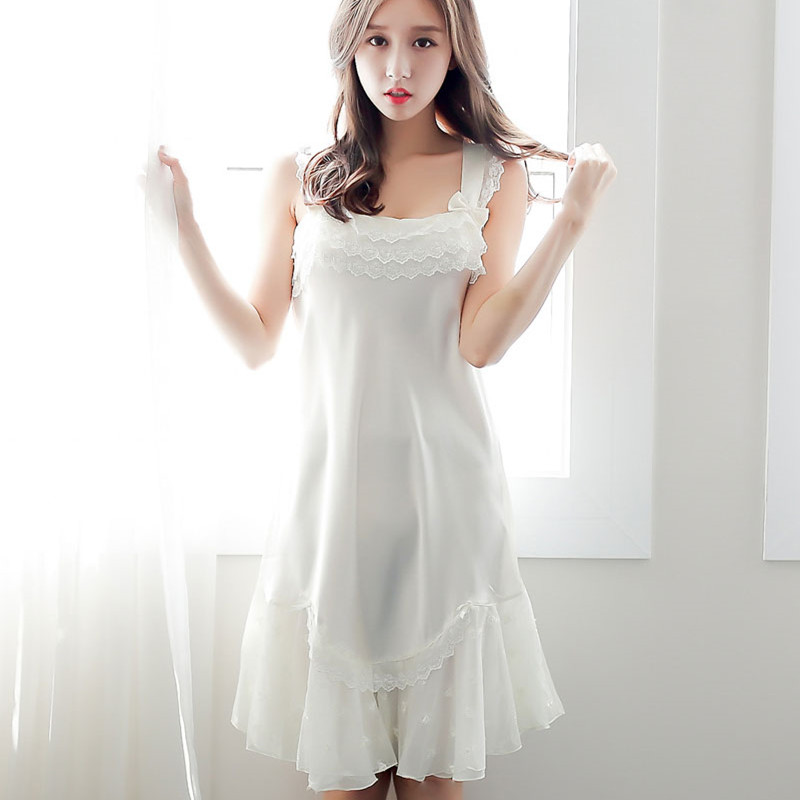 新款韩国吊带仿真丝睡裙 春夏蕾丝公主可爱花边性感缎面雪纺长裙