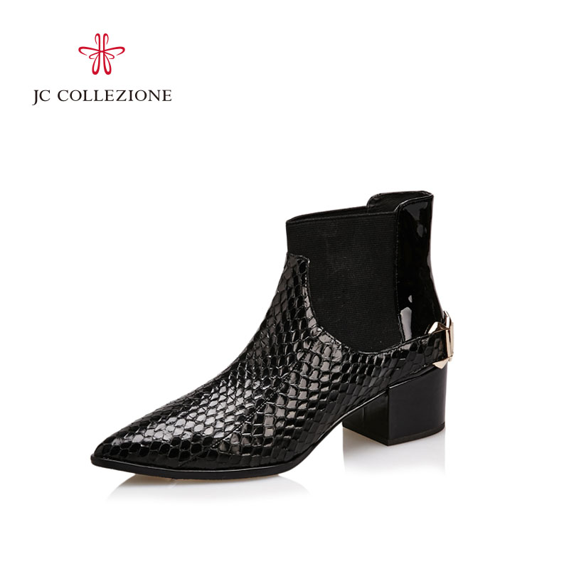 JC COLLEZIONE/捷希蛇皮纹复古金属饰扣平跟短靴854341101