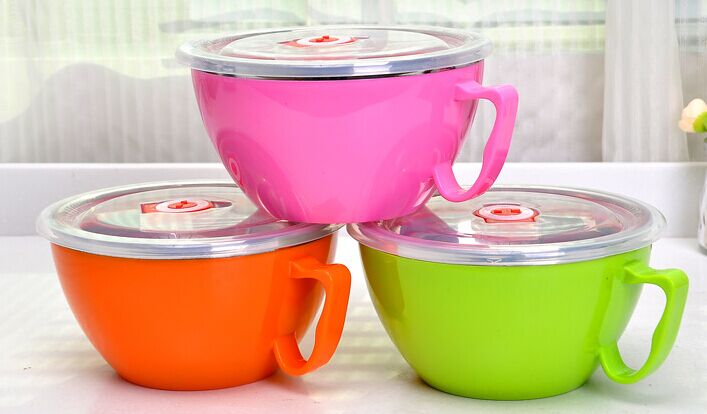 不锈钢彩色碗双层泡面碗韩式带盖汤杯便当盒饭盒特价包邮