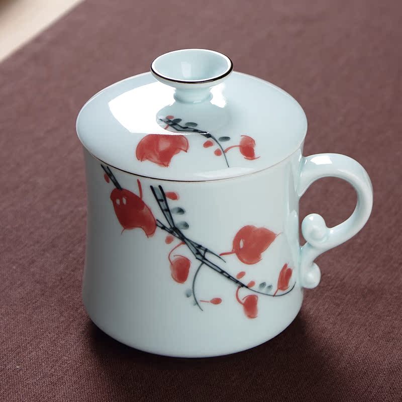 104210133青瓷手绘枫叶办公室个人杯 带盖茶水杯 茶杯
