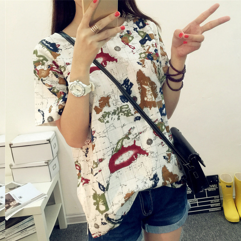 诗慕莎2015夏装新款韩版宽松显瘦休闲地图印花T恤短袖女上衣