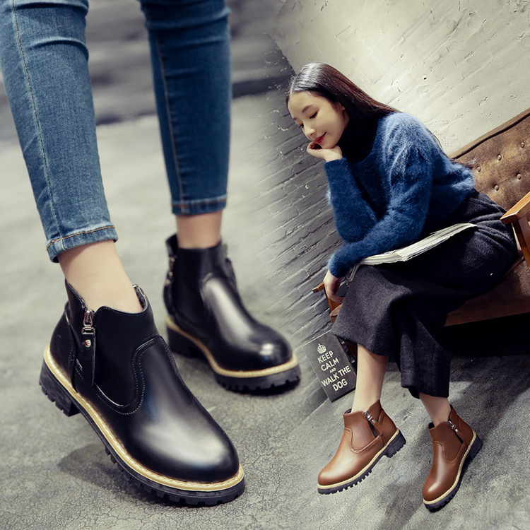 2017新款韩版女靴秋冬女士侧拉链短靴低跟马丁靴女圆头粗跟PU单靴