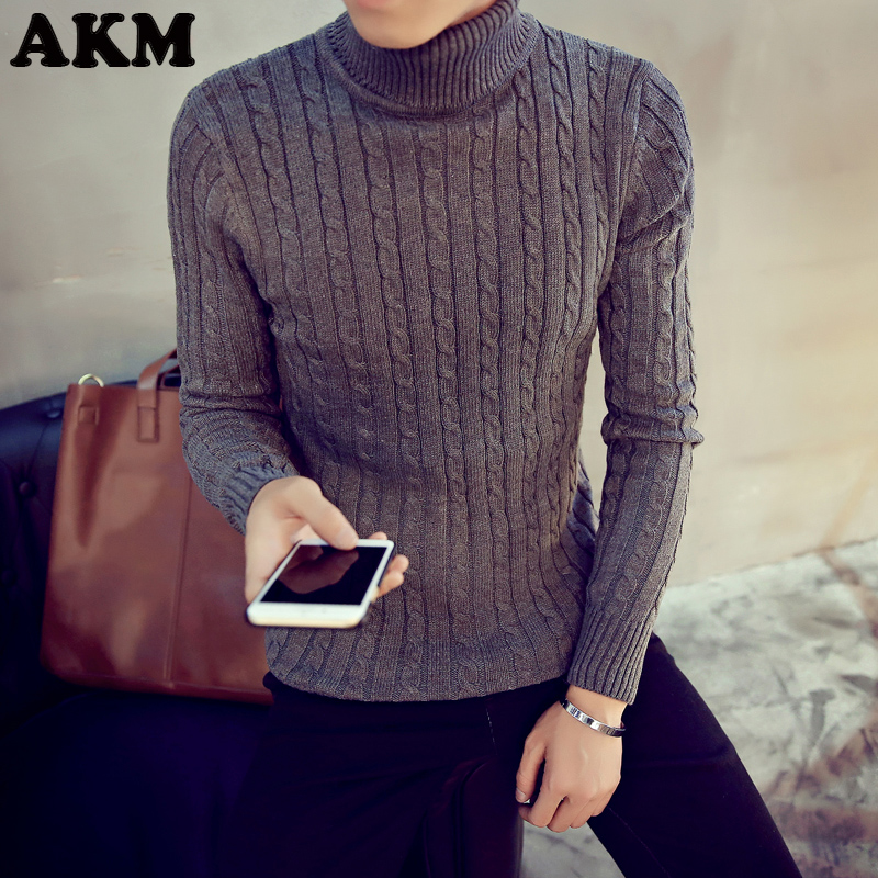 AKM秋冬韩版男士修身休闲针织衫日系提花高领毛衣套头上衣打底衫
