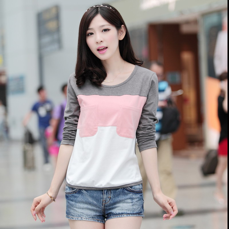 2015春装新款韩版棉布口袋长袖T恤拼布圆领套头女衬衣宽松打底衫