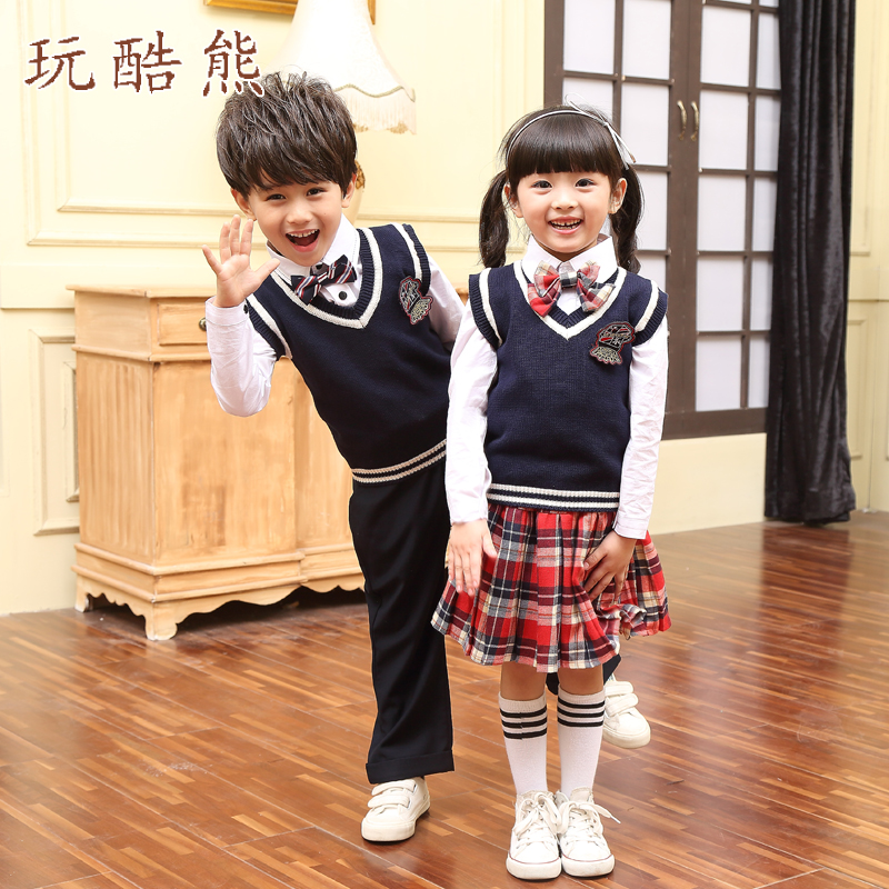 定制2015儿童纯棉毛线背心套装 韩版中小学生校服 新款幼儿园园服