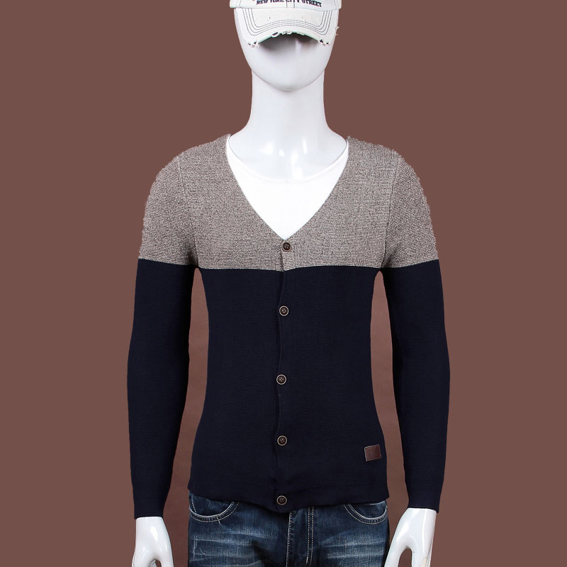 2015秋季新款毛衣男士假两件长袖针织拼接开衫外套韩版修身青年潮