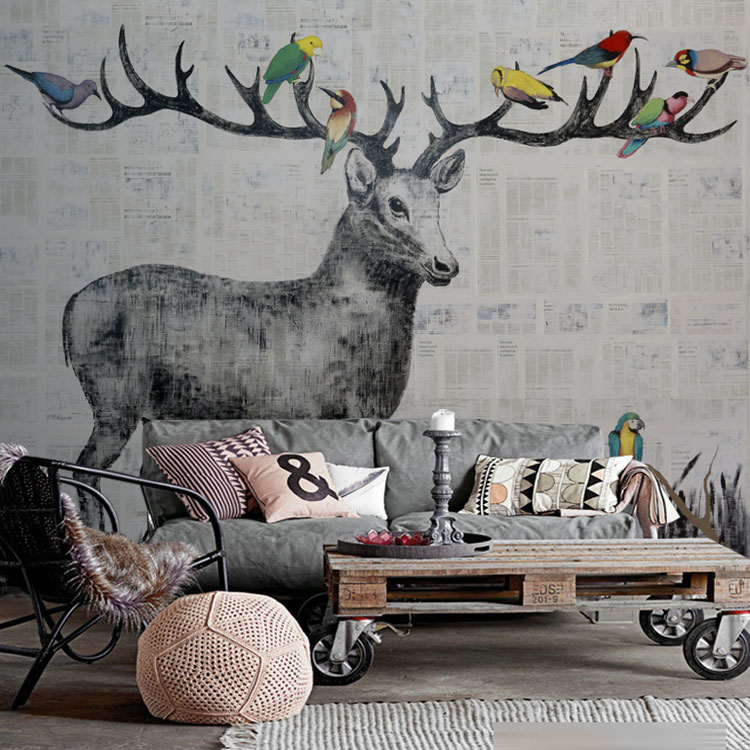 格物印画 北欧风复古麋鹿丛林 电视沙发卧室背景墙 大型壁画