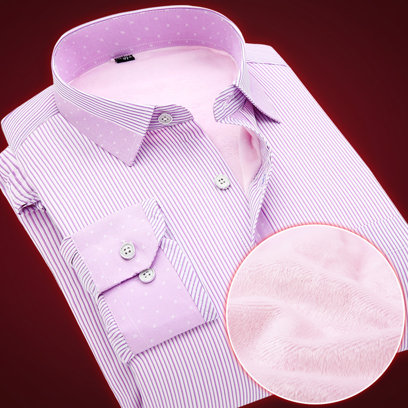 2015冬季中老年男士条纹保暖衬衫加绒加厚纯色商务长袖衬衣工装潮