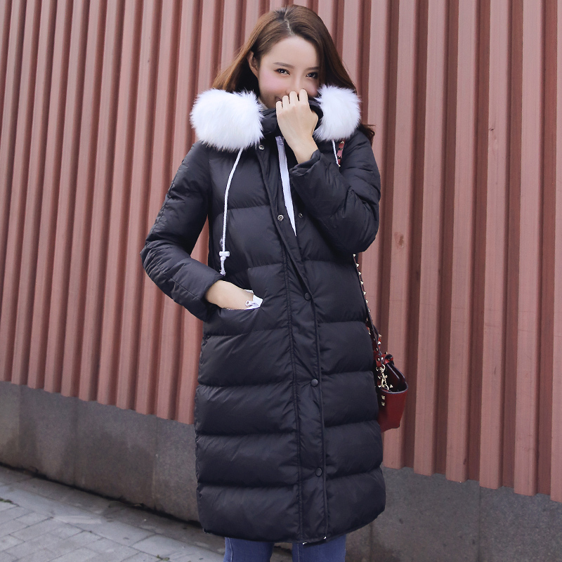 2015冬装新款韩版女装过膝加厚修身豪华真毛领纯色棉衣棉服中长款