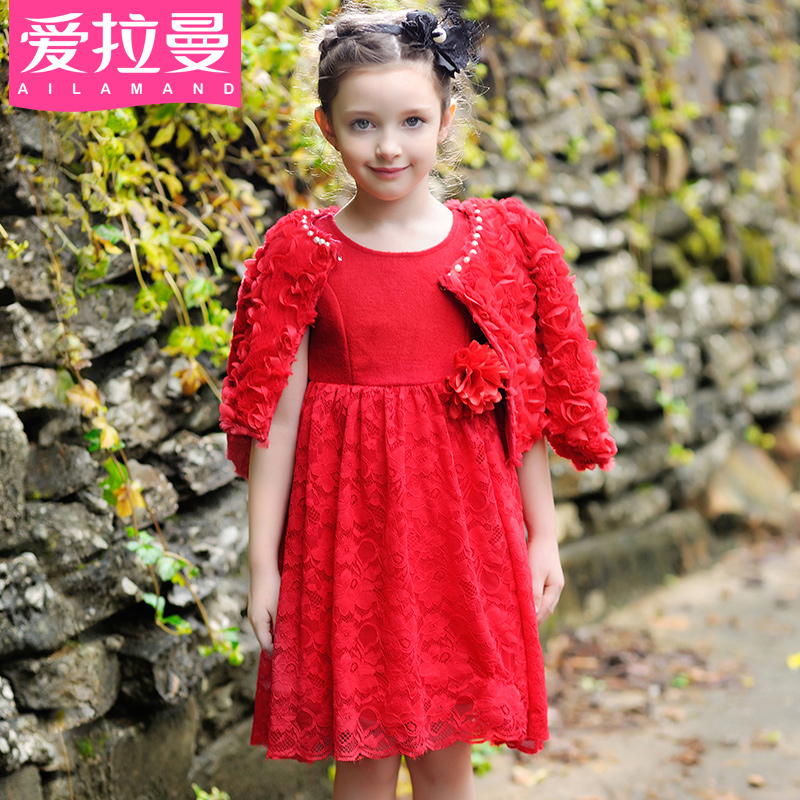 2015新款礼服裙红女童连衣裙春装中大童儿童蕾丝裙子两件套公主裙