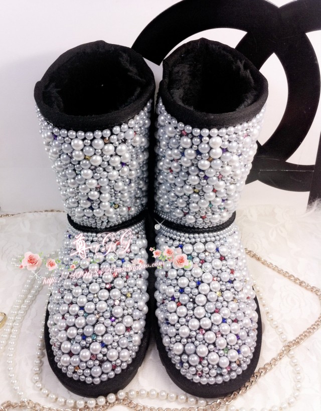 2015年冬季新款中筒真皮牛皮大小珍珠贴彩钻水钻黑色雪地靴女靴子