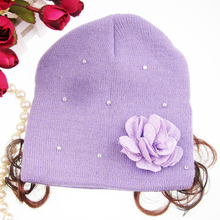 儿童韩版点钻假发帽 套头包头帽 玫瑰花朵帽 针织帽