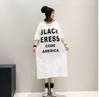 2016夏秋韩版新款个性T恤 英文字母宽松大码七分袖Tee超长连衣裙
